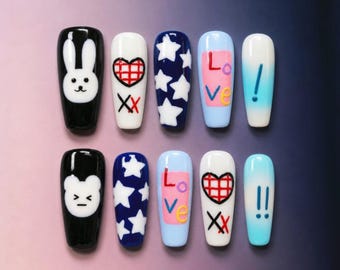 Y2K Press on Nails Blue Stars Heart Bunny Bear Kawaii Coffin Nails