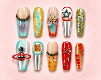 Chrome Press On Nails 3D Star Y2K Silver Coffin Nails Summer Set