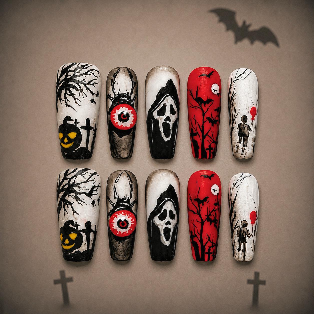 Halloween Press On Nails Red Black Horror Mask Eyeball Bat Long Coffin