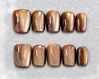 Ongles à presser oeil de chat bruns, ongles minimalistes carrés magnétiques brillants