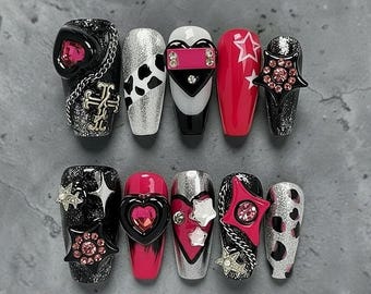 Y2K Press On Nails 3D Pink Black Charm Star Heart Coffin Nails Set
