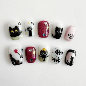 Whimpsy Whisker Cat Press-On Nails – Hand-Drawn Black Cats with Glitter Stars and Paw Print Art | Short Square Pet Lover Nails