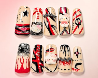 Uñas postizas Kitty 3D Personaje Y2K Rosa Negro Brillante Uñas de Pato