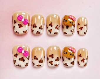 Zestaw do zdobienia paznokci Kawaii Press On Nails 3D Kitty Bow Leopard Print Glossy Square Nail Set