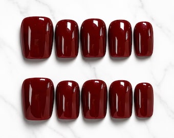 Burgundy Press On Nails Glossy Square Classy Minimalist Nails Set