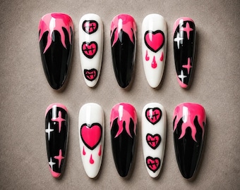 Y2K Press On Nails 3D Pink Black Drip Heart Coffin Nails Set