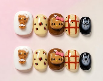 Ensemble d'ongles carrés brillants Kitty 3D Press On Nails Kawaii