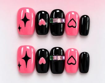 Y2K Press On Nails 3D Pink Black Heart Star Charm Coffin Nails Set