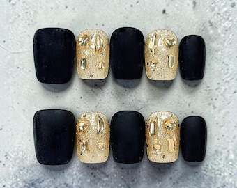 Black Gold Press On Nails Luxury Matte 3D Rhinestone Square Nail Set