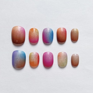 Sunlit Fade Ombre Press-On Nails | Short Square Rainbow Gradient Nails | Glossy Summer Sunset Press Ons | Handmade Reusable Fake Nail Set
