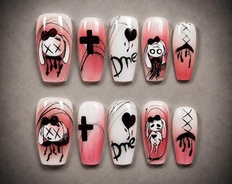 Halloween Press On Nails Pink Gothic Doll Cross Bloody Heart Coffin Nails
