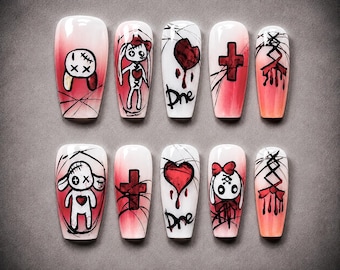 Halloween Press On Nails Pink Red Creepy Bunny Bloody Heart Long Coffin Hand Painted
