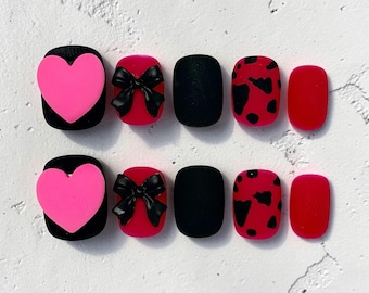 Y2K Press On Nails 3D Pink Schwarz Herz Bogen Leopard Quadrat Nägel Set