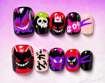 Anime Press On Nails Cartoon Character Gothic Black Pink Purple Glossy Square Nail Set