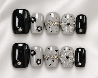 Press On Nails Black Gray 3D Floral Rhinestone Short Square Nails