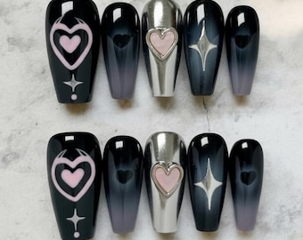 Y2K Press On Nails 3D Black Pink Chrome Heart Coffin Nails Set