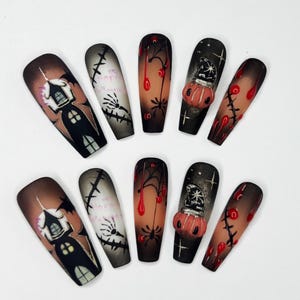 Blood Moon Manor Halloween Press-On Nails – Haunted House, Spiders, 3D Pumpkin, Blood Drip Gothic Nails | Creepy Glam Horror Nail Art