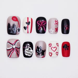 Pawlentine Parade Cat Press-On Nails – Pink & Black Nails with Paw Prints, Hearts, Bows and Furry Cat Art | Pet Lover Short Square Nails