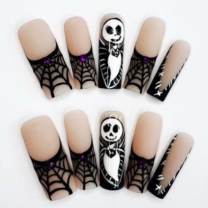 Jack Skellington Press On Nails Spiderweb Gothic Square Tip, Halloween Handmade