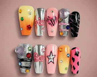 Y2K Press On Nails 3D Multicolor Chrome Star Charm Coffin Summer Nails Set