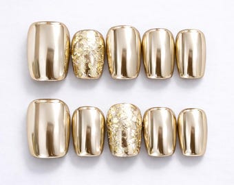 Gold-Chrom-Press-On-Nägel Spiegel Metallic Square Glänzender Luxus-Statementnagel