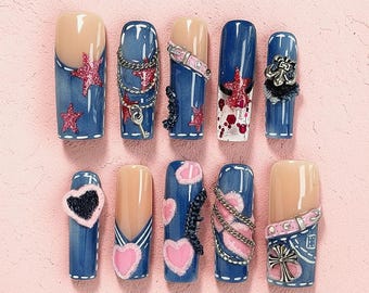 Y2K Press On Nails 3D denim hart ster bedel blauwe doodskistnagels set