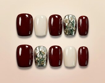 Press On Nails Burgundy White Foil Glossy Short Square Chic Office Nails