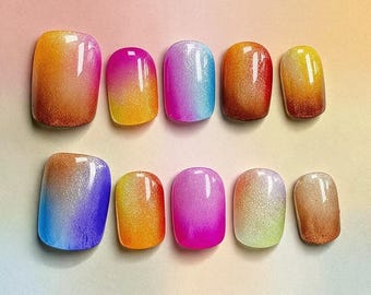 Press On Nails Colorful Gradient Ombre Square Glossy Rainbow Fade Summer Nails
