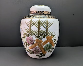 MCM Japanese Ginger Jar - Hand-Painted Seaside Scene with Bamboo, Flowers, Black & Gold Accents