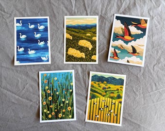 Naïeve kunstansichtkaart deel 1 (set van 5 verschillende of los), natuurillustratie, Postcrossing Friendly