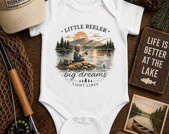 Body de bebé con escena de pesca "Pequeño Pescador", tema de pesca, body de pesca divertido, body de bebé divertido, conjunto de pesca para el primer cumpleaños
