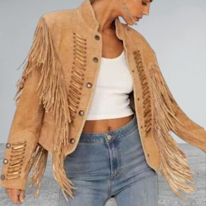 Women Tan Brown Suede Western Handmade Leather Jacket with Fringe, Suede Brown Leather Shirt for Women&#39;s Buckskin, Womens Vintage Suede,