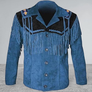 Man blue  Suede Western Handmade Leather Jacket with Fringe, Suede Brown Leather Shirt for Mens Buckskin, Men's Vintage Suede, Jacket