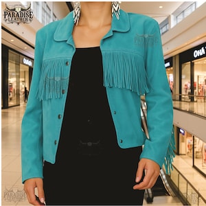 Handmade Sky Blue Suede Fringe Western Jacket: Women&#39;s Vintage Style