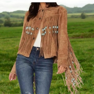 Handmade Suede Fringe Western Jacket: Women&#39;s Tan Brown Leather
