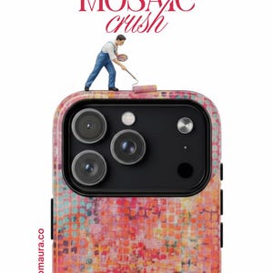 May include: A colorful phone case with a mosaic pattern in shades of red, orange, and teal. The case features a camera module with three lenses. The text "MOSAIC crush" is displayed above the phone. A miniature figure is painting the case.