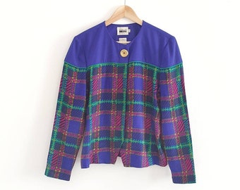 Vintage Bright Tartan Blazer Blouse, Purple & Green