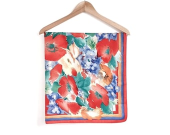 Vintage Helle Blumen Print Schal in Rot, Blau & Orange | Malerischer Blumenschal
