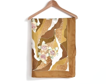 Vintage Yellow Mustard Floral Silk Scarf // Batik Scarf With Floral Pattern