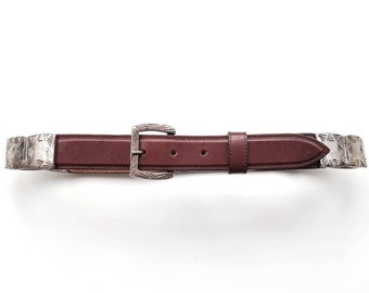 Vintage Brown Leather Belt With Antique Silver Detail