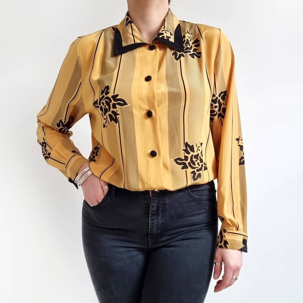 80’s Vintage JACQUES VERT Deep Yellow & Black Floral Blouse With Fancy Panels Collar | Long Sleeve Stripe, Geometric Ladies Shirt | Medium