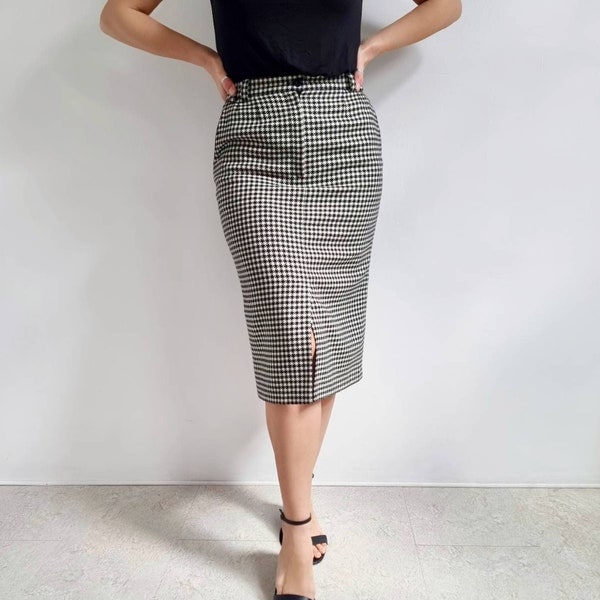 Vintage Houndstooth Wool Midi Skirt W Pockets | Smart Black & White Check Pencil Skirt | Medium