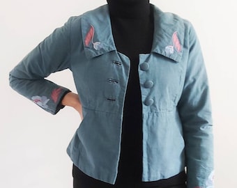 90’s Vintage Appliquéd Jacket in Teal Blue // Ladies Boho Blazer