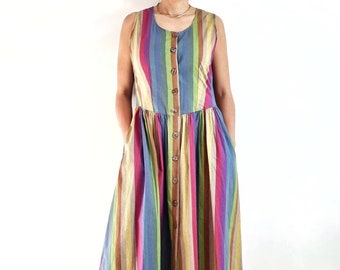 Vintage Rainbow Stripe Long Button Through Dress // Bright Sleeveless Summer Dress // Medium