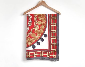 Vintage Pure Silk Large Scarf With Coin And Cowry Shell Print In Red, Yellow & Grey // British Museum Coin Collection