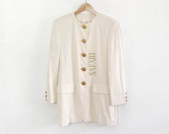 80s White Safari Blazer Jacket, Gold Buttons