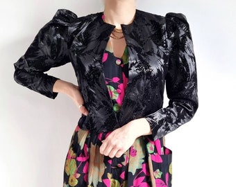 80's Vintage Black Cropped Ladies Jacket W Puffed Sleeves | Sparky Velvet Print Fancy Jacket | Small - Medium