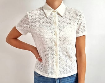 00’s Vintage Topshop White Lace Blouse // Short Sleeve Cream Ladies Lace Shirt // Medium // Made in UK