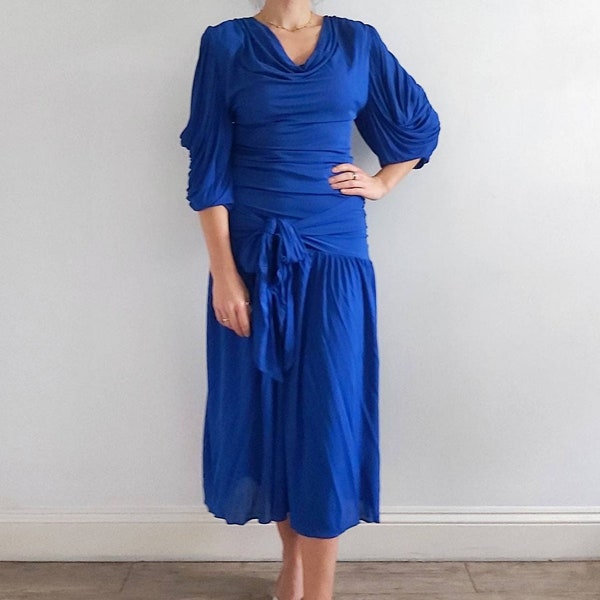 80's Vintage Royal Blue Drape Evening Dress // Ruched Party Dress // Medium