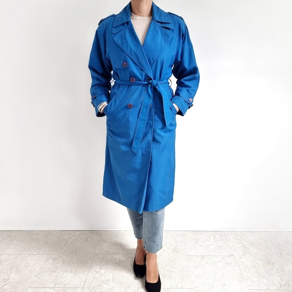 vintage Ladies Bright Blue Trench Coat | Imperméable Midi | Petit moyen